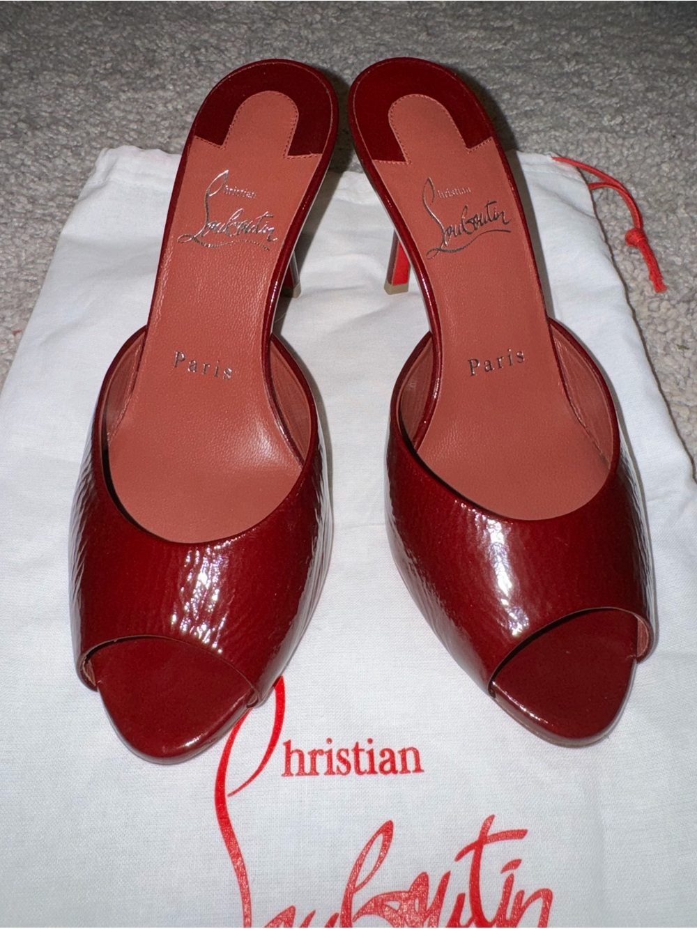 Christian Louboutin Burgundy Patent Peep-Toe Mule Heels— RARE color!